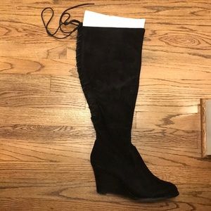 Torrid Black Suede Lace up wedge knee high boots